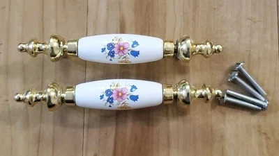 Vintage White Porcelain Drawer Pull Handles Gold Tone Floral Set Of 2 - Image 1 of 4