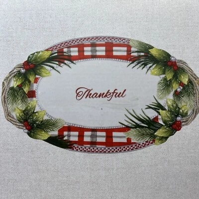 Fitz and Floyd Tartan Christmas Bread Tray Thankful 13 1/2" new in box - Image 1 of 4