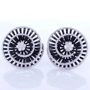 Shiny Round Black Onyx With Vivid White CZ 5.89TCW Gorgeous Cluster Fine Earring - Picture 1 of 3