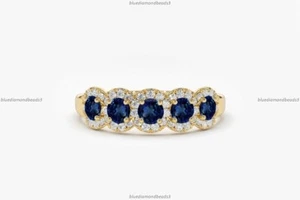 Micro Pave Setting Art Deco Engagement Ring 14k Gold Sapphire Diamond Jewelry - Picture 1 of 6