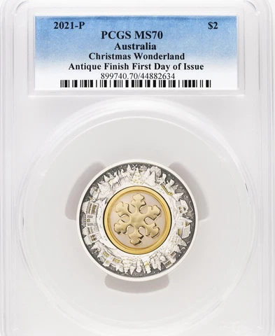 2021-P Australia $2 Christmas Wonderland 2oz Antique Silver FDI - PCGS MS70 Cover