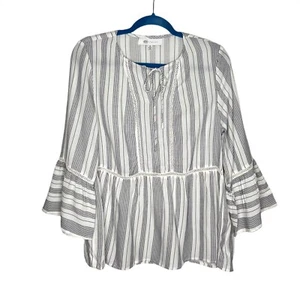 NWT Fever Bell Sleeve Striped Peasant Blouse Top Ivory Navy Size Medium Tie Neck - Picture 1 of 10