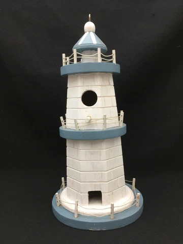 Vintage Decorative Hanging Lighthouse Birdhouse 12.25" Tall Blue & White Cover