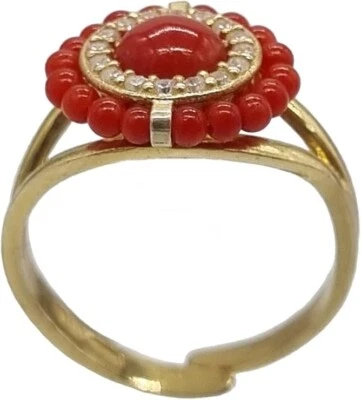 ANELLO ARGENTO PLACCATO ORO PERLINE DI CORALLO E ZIRCONI - Immagine 1 di 4