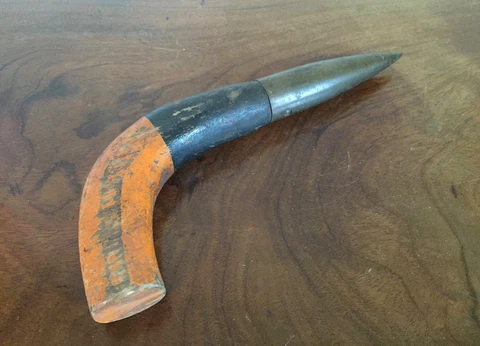 Vintage Dibber Garden Tool for Planting Bulbs Paint Decorated Handle Brass Tip Cover