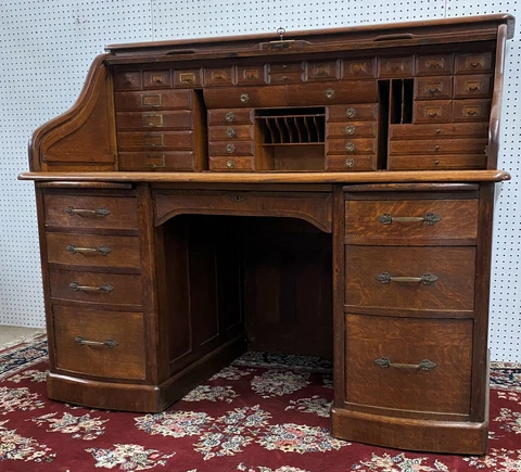 Fantastic American Antique S Curve Golden Oak Geo H. Fuller Roll Top Desk C 1890 Cover