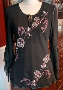 Carole Little Black w/Floral Embroidery 100% Silk Blouse M Sheer Layered Sleeves - Picture 1 of 9