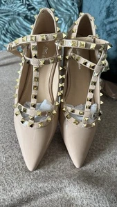 Nude Beige Caged Ballet Style Shoes With Gold Stud Style And Ankle Strap - Picture 1 of 3