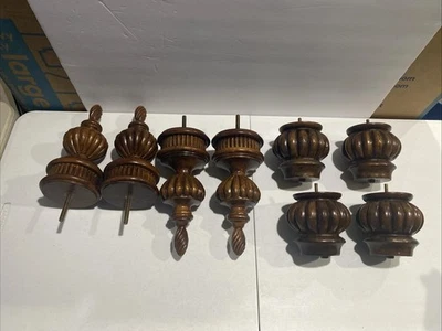 Salvaged Vtg Set Of 8 Brown Carved Solid Wood Posts Finials Bed Frame - Image 1 of 4