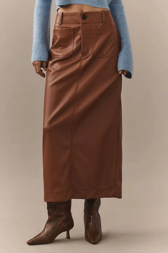 NWT Anthropologie MAEVE The Colette Maxi Skirt Faux Leather Pockets Brown L - Image 1 of 4