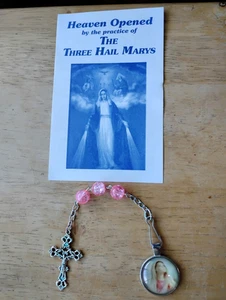 3 Three Hail Mary Chaplet Rosary Beads pink crackle glass color picture medal - Picture 1 of 4