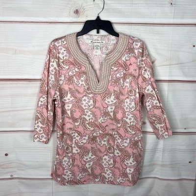Blusa túnica David Brooks Top para mujer XL rosa mezcla de lino bordada manga 3/4 Foto 1 de 4