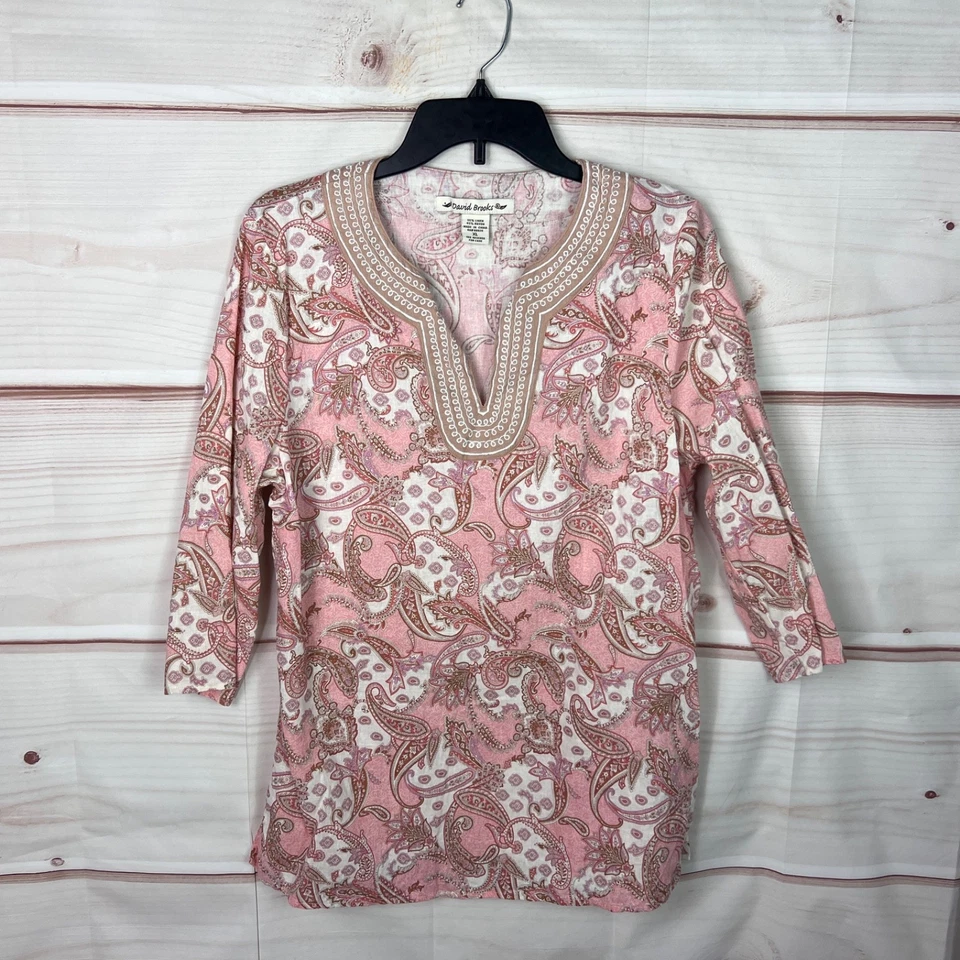David Brooks Top Womens XL Pink Linen Blend Tunic Blouse Embroidered 3/4 Sleeve - Image 1 of 4