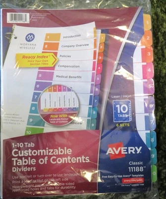Avery 11188 Ready Index 1-10 Tab Customizable Table of Contents Dividers 6 Sets - Image 1 of 4