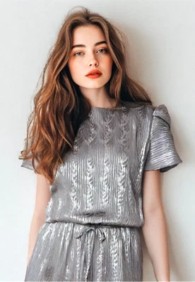 80s Jamie Dress Size Small Silver Embossed Gold Stripe Tulip Sleeve Belt EUC - Image 1 of 4