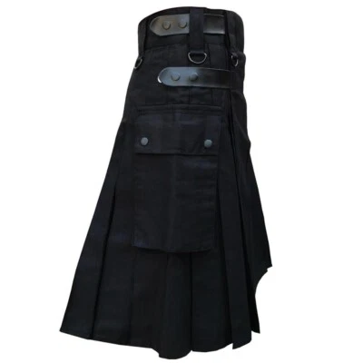 MILEX IMPEX Men's Hybrid Black Cotton & Black watch Utility Kilt Leather Straps