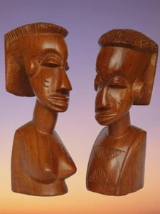 Vintage hand Carved wood man and woman sculpture african art head statue figure - Picture 1 of 8
