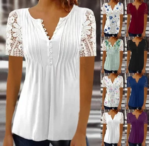 Womens Lace V-Neck Tops T-Shirts Ladies Short Sleeve Casual Blouse Tee Plus Size - Picture 1 of 9