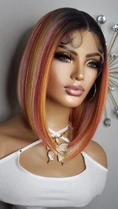 New Short Bob Wrap Style Lace Front Wig Colorful Pink Orange Yellow Red Hair Wig - Picture 1 of 12