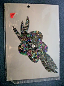 LENTEJUELAS DE HOJAS Y FLORES Y APLIQUES CON CUENTAS NEGRO AUROA BOREAL 7 3/4"" X 3"" ¡NUEVO! - Imagen 1 de 6