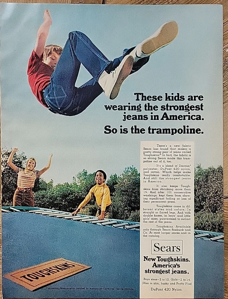 1971 Sears Boys Toughskins Blue Jeans Play Trampoline Vintage Fashion Ad - Image 1 of 1