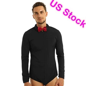 Mens Long Sleeve Prom Dress Romper Shirts Latin Dance Top Leotard with Bowtie - Picture 1 of 27