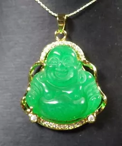 Gold Plated Green Jade Imitation Diamond Buddha Blessing Pendant Chain Necklace - Picture 1 of 9