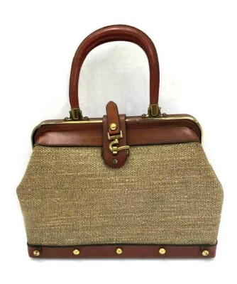 Rare Vintage 1960s Etienne Aigner handmade leather + Beligian Linen bag purse - Image 1 of 4