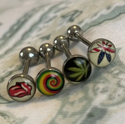 4 Tongue Ring Lot Weed Pot Leaf Rasta Rolling Stones 14 Gauge Steel Barbells - Image 1 of 4