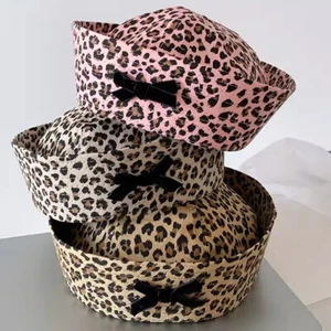Japanese Style Bow Leopard Print Sailor Hat Retro Hottie Beret Cap Sweet Girl - Picture 1 of 20