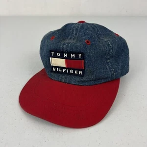 Vtg 90s Tommy Hilfiger Big Patch Logo Denim SnapBack Hat Spell Out Kids Youth - Picture 1 of 4