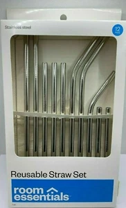 Room Essentials 12 Piece Stainless Steel Straw Set Brush Canvas Pouch New!! - Picture 1 of 1