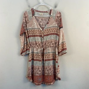 O'Neill Womens Medium Tunic Shirt Top Pink Paisley Woven Viscose 3/4 Sleeve - Picture 1 of 12