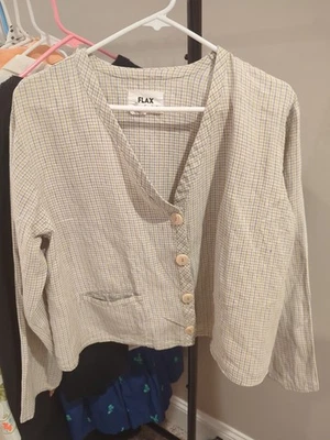 Women's Checkered FLAX Linen Cropped Jacket Petite Medium - Image 1 of 3