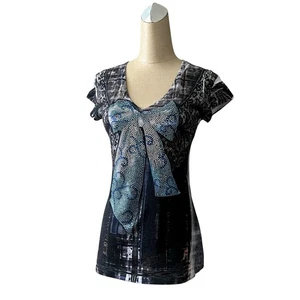 Vintage Y2K Burnout Shirt Strass Schleife Grunge Goth Damen Small Davida V-Ausschnitt - Bild 1 von 10