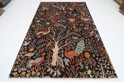 6 x 9 ft Traditional Birds Black Area Rug Afghan Hand Knotted Veg dye Wool Rug - Image 1 of 4