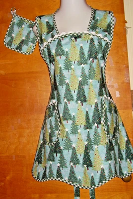 DELANTAL BABERO HECHO A MANO - TALLA GRANDE - ÁRBOLES DE NAVIDAD + ESTRELLAS - VINTAGE - RETRO Foto 1 de 3