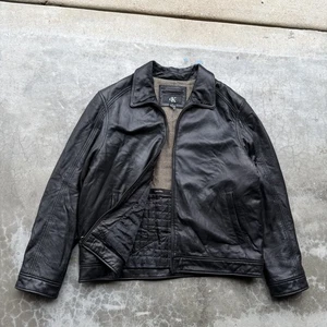 Vintage 90’s Calvin Klein Black Leather Lined Zip Up Detroit Jacket XL Moto - Bild 1 von 7