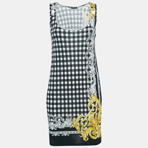 Abito body Versace nero a quadri e stampa barocco in jersey XS