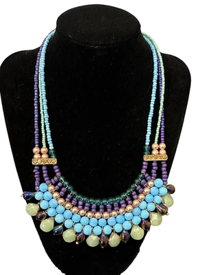 Impresionante Gargantilla 3 Hilos Cuentas 16" - 18" Collar Púrpura Azul Verde Semilla Cuentas Foto 1 de 4