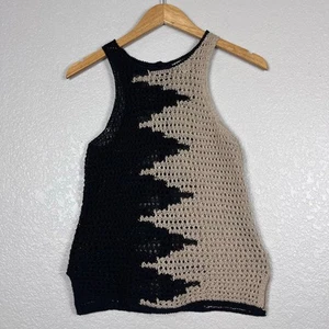 Lucky Brand Womens Crochet Tank Top Size XS Tan Black Geometric Open Knit Chunky - Picture 1 of 4