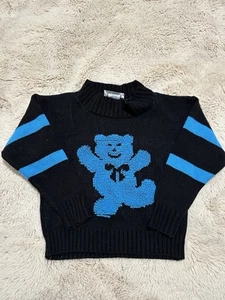Vintage 90s Jet Set Sweater Cardigan Kids Size S 4/5 Blue Bear Made In USA Black - Picture 1 of 4
