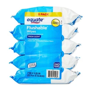 Equate Hypoallergenic Flushable Wet Wipes, Fresh Scent, 240 Wipes, 5 Pack - Picture 1 of 11
