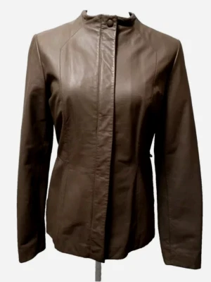 Classiques Entier Women's Brown Leather Collarless Zip Up Jacket Size S - Image 1 of 4
