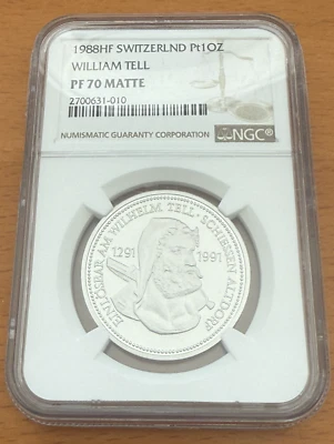 Switzerland 1988 Platinum 1 oz NGC PF70 Matte William Tell - Image 1 of 2