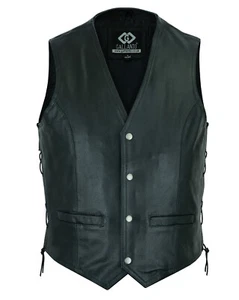 Classic Mens Motorcycle Leather Black Vest Waistcoat Biker Cowhide Side Lace - Picture 1 of 4