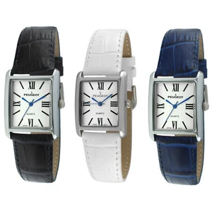 Women's Dress Tank Wrist Watch /w Silver-Tone Case & Leather Band by Peugeot - Picture 1 of 5