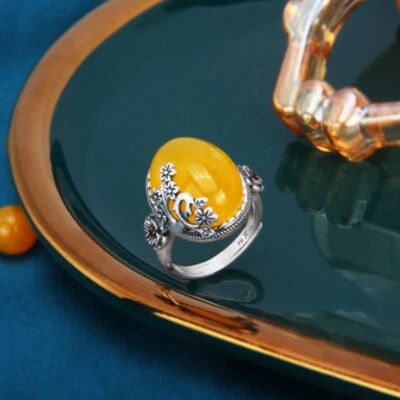 B37 Anello Gialli Calcedonio Con Fiori Rami di Fiori Argento Fine Argento 999 - Immagine 1 di 4