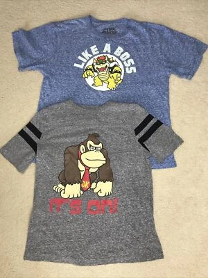 Bowser & Donkey Kong Shirts Kids Sz Large Lot of 2 Blue Gray Super Mario SS - Image 1 of 4