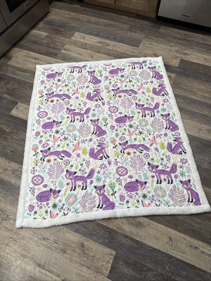 Pixie Fox Throw Blanket Quilted 50x60 Reversible Quilt Kid Gift Sherpa Purple - Image 1 of 3